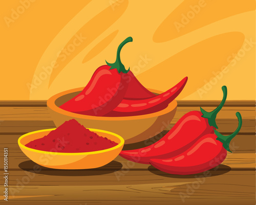 Red kashmiri chili powder and dried whole chili vector art design 
