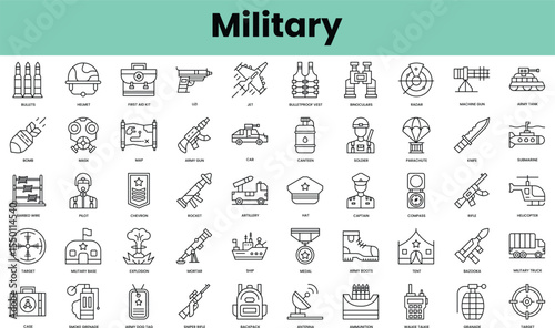 Set of military icons. Linear style icon bundle. Vector Illustration