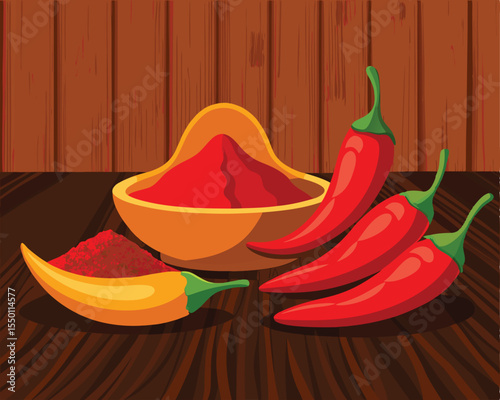 Red kashmiri chili powder and dried whole chili vector art design 