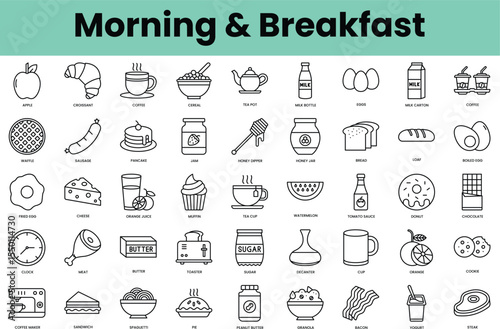 Set of morning and breakfast icons. Linear style icon bundle. Vector Illustration