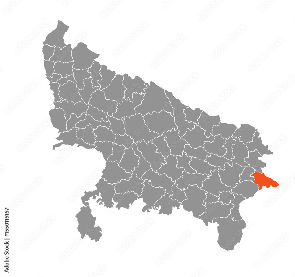 Obraz premium Ballia District Highlighted in Uttar Pradesh State Map of India