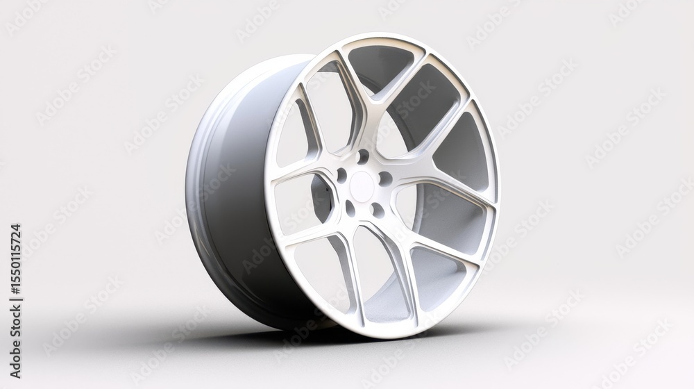 Obraz premium Detailed view of a sleek white alloy wheel designed for high-performance vehicles showcasing modern design elements