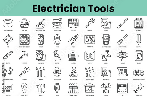 Set of electrician tools icons. Linear style icon bundle. Vector Illustration