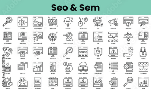 Set of seo and sem icons. Linear style icon bundle. Vector Illustration