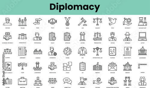 Set of diplomacy icons. Linear style icon bundle. Vector Illustration