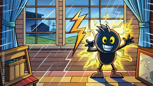 A funny cartoon illustration of a cute monster character with big eyes peering out of an old-fashioned phone booth