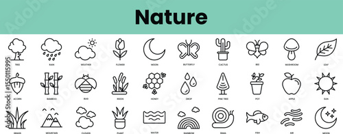 Set of nature icons. Linear style icon bundle. Vector Illustration