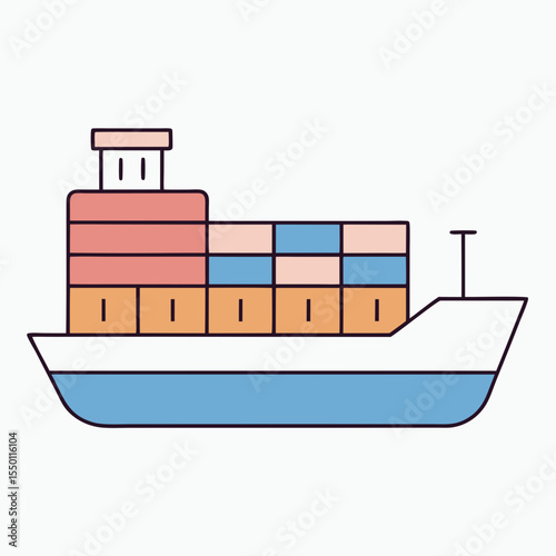 Stylized illustration of a cargo ship carrying colorful containers on a white background container ship