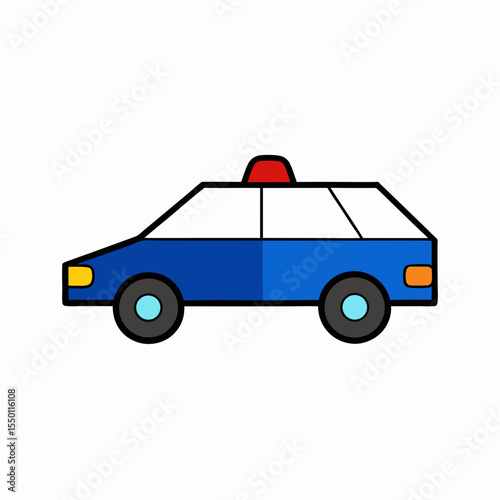 Blue cartoon police car with red siren and black wheels vehicle law enforcement