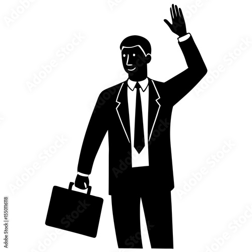 Black and white silhouette of a businessman in a suit and tie waving and holding a briefcase greeting