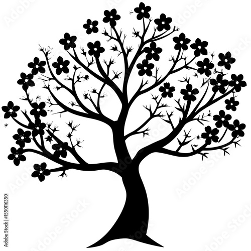 Black silhouette of a blooming cherry blossom tree on a white background black and white flowering tree