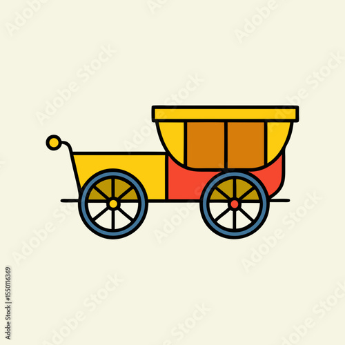 Yellow and red carriage illustration with blue wheels transport vehicle
