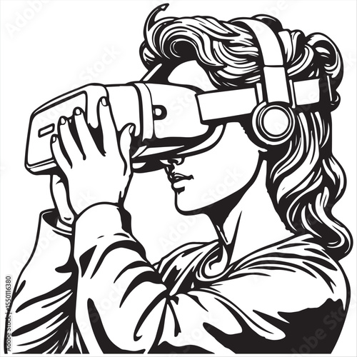 Elegant black and white vector illustration, style of antique cast bronze with patina, showing a person engrossed in virtual reality against a clean white background.