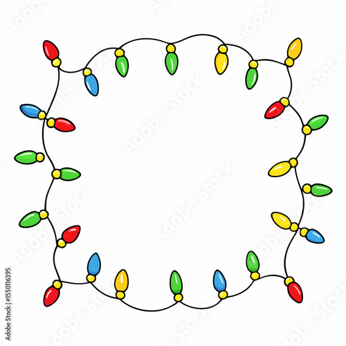 Colorful Christmas lights border with red green blue and yellow bulbs on white background string lights