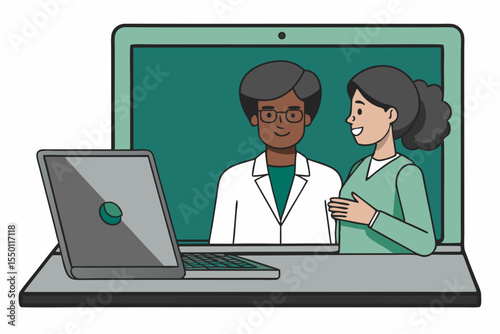 Doctor and patient on video call on a laptop screen with a smaller laptop in foreground consultation