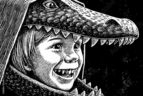 Black and white illustration of a smiling child wearing a crocodile costume head girl