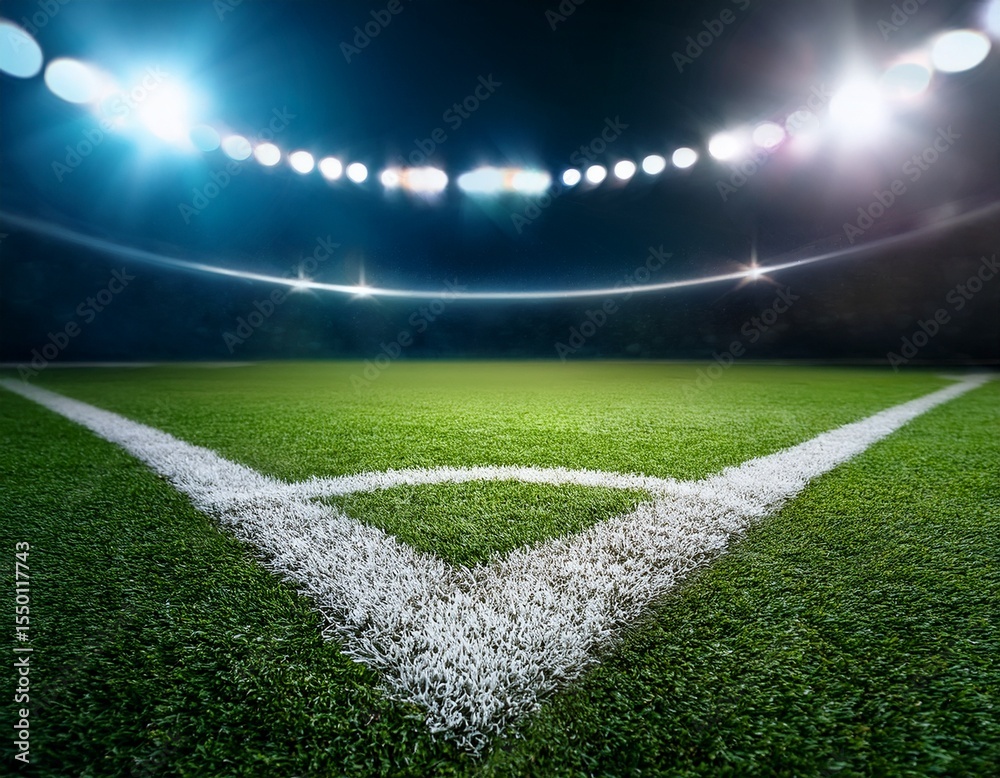 Obraz premium close up soccer field lines background soccer pitch grass football stadium ground view grass macro in sports arena with lights background