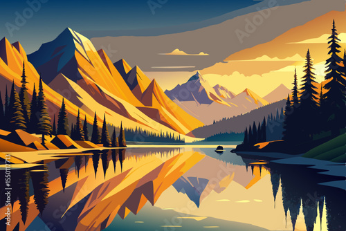 Golden mountain peaks reflected in a serene lake at sunset with pine trees mountain lake golden hour