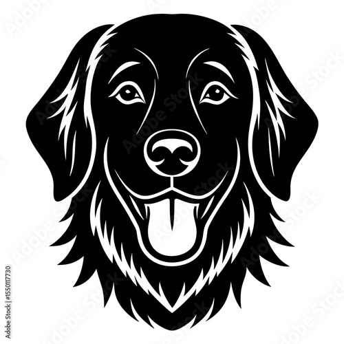 Black silhouette of a happy golden retriever dog with tongue out black and white portrait