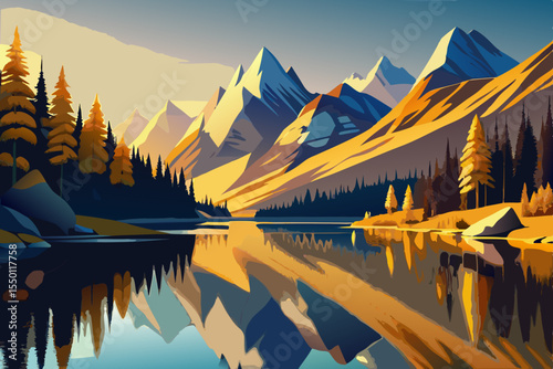 Golden Mountain Peaks Reflecting in a Calm Lake at Sunset mountain lake golden hour