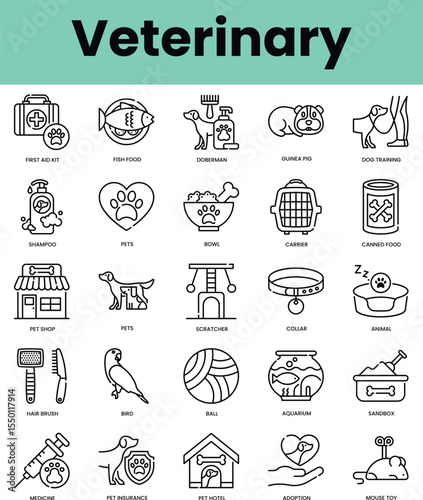 Set of veterinary icons. Linear style icon bundle. Vector Illustration
