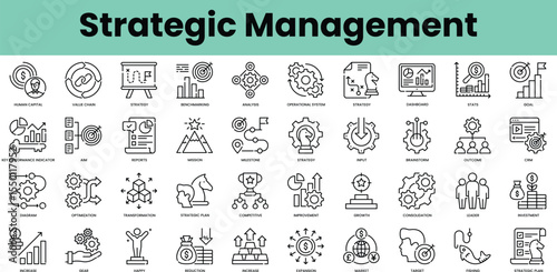 Set of strategic management icons. Linear style icon bundle. Vector Illustration