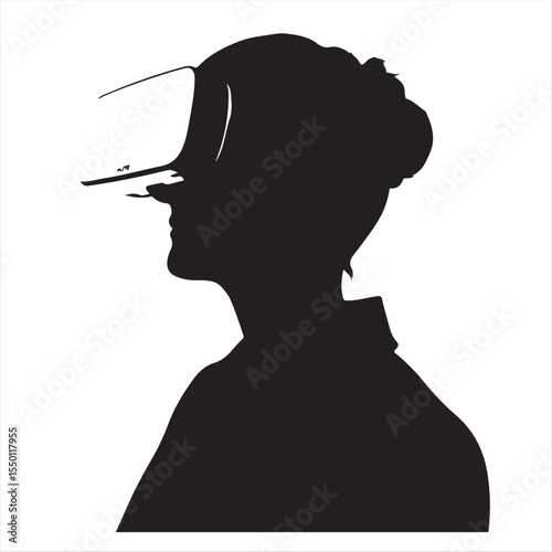 High-resolution stock photo a commercially viable, high-quality black and white vector silhouette of a person using a VR headset. Set against a pure white backdrop