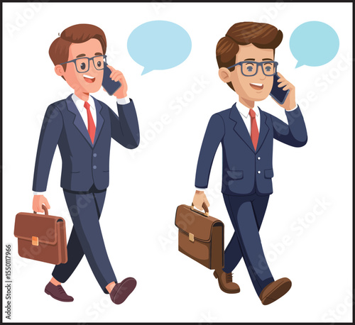 Business Men Walking Talking Phone Collection - Professional Executives Mobile Communication Icons Set