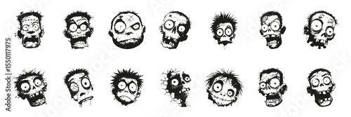 Zombie Faces In Silhouette Set. Horror And Halloween Theme Collection. Entertainment And Graphic Design Use. Isolated Vector Illustration