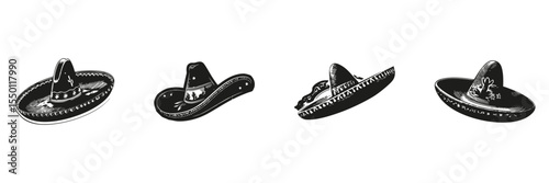 Sombrero Hat Silhouettes In Icon Set. Traditional Mexican Headwear Design Collection. Cultural And Fashion Use. Isolated Vector Illustration
