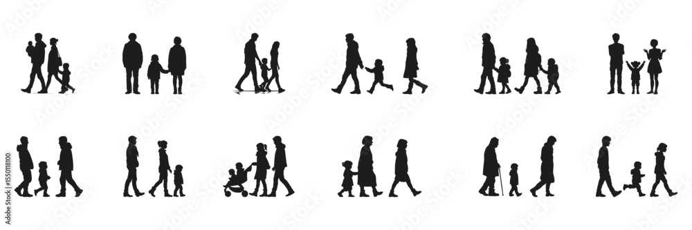 Obraz premium Family Interaction Silhouette Set. Parenting, Childhood, And Emotional Bonding Symbol Collection. Social And Educational Use. Isolated Vector Illustration