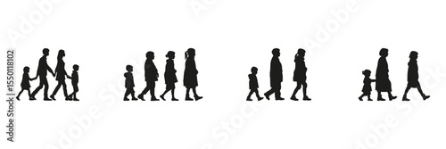 Family Walking Silhouette Set. Generational Bonding And Togetherness Symbol Collection. Social And Educational Use. Isolated Vector Illustration