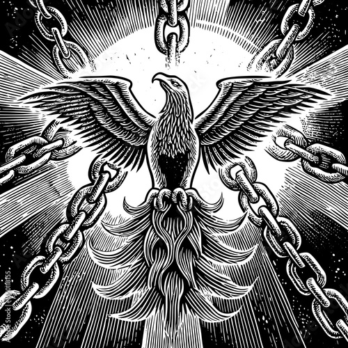 Black and white eagle breaking chains with radiating light and textured background bird freedom