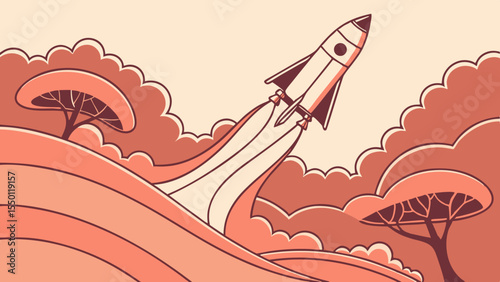 Stylized rocket launch over a savanna landscape with flowing curves and trees space spaceship