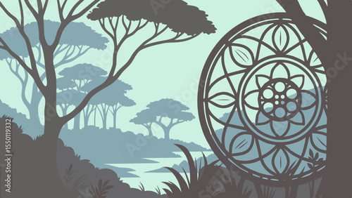Stylized jungle landscape with ornate circular motif and silhouetted trees nature forest
