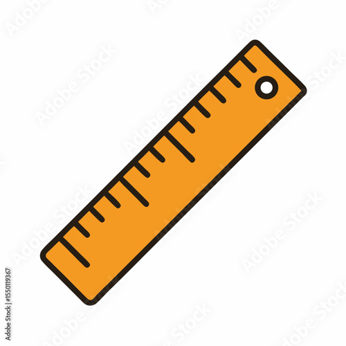 Orange ruler with black markings and hole on white background measuring tool