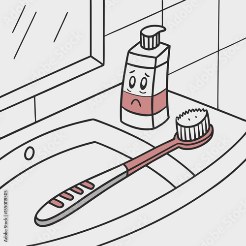 Sad toothpaste and toothbrush on bathroom sink