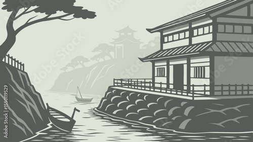 Japanese Harbor Scene with Traditional Buildings and Boats in Monochromatic Tones ancient
