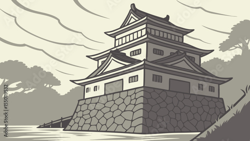 Japanese castle with layered roofs and stone foundation on a white background traditional architecture