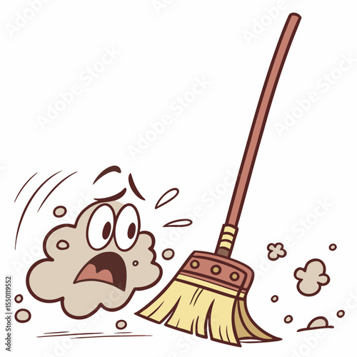 Scared dust bunny being swept away by broom