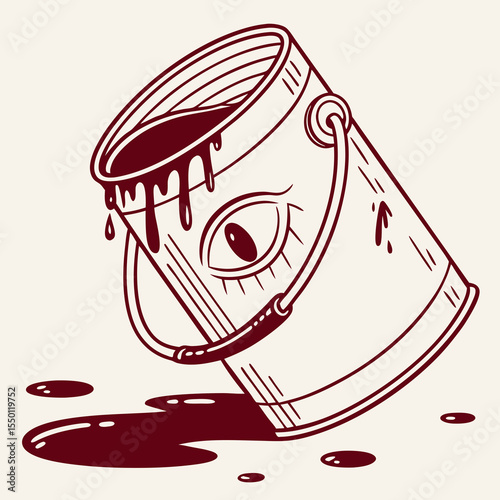 Spilled paint can with one eye cartoon illustration