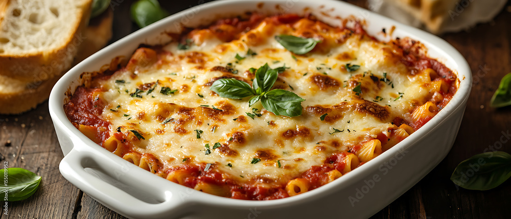 Baked Pasta with Tomato Sauce and Fresh Basil in a Ceramic Dish Baked Pasta with Tomato Sauce and Fresh Basil in a Ceramic Dish