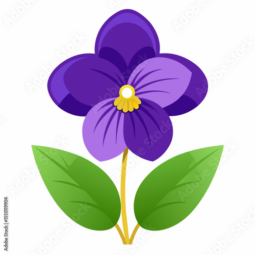 Purple pansy flower with green leaves on white background violet