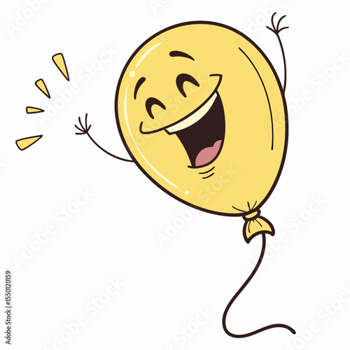 Yellow cartoon balloon with happy laughing face and raised hands vector