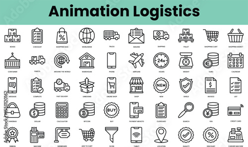 Set of animation logistics icons. Linear style icon bundle. Vector Illustration