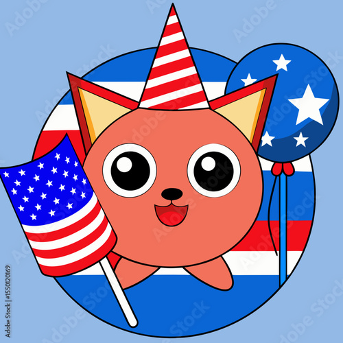 Cartoon cat wearing party hat holding American flag with patriotic balloons illustration animal