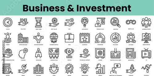 Set of business and investment icons. Linear style icon bundle. Vector Illustration