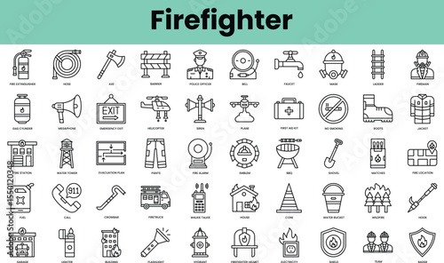 Set of firefighter icons. Linear style icon bundle. Vector Illustration