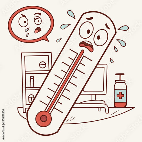Worried thermometer high fever illness cartoon illustration