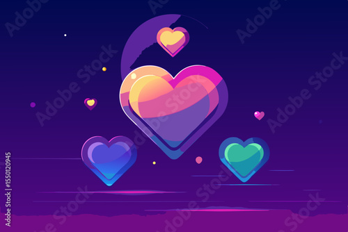 Gradient background with transparent floating hearts, vector